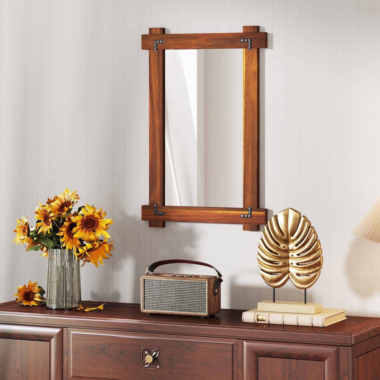 Decorative Acacia Wood Mirror with Rivet Design for Entryway and Living Room